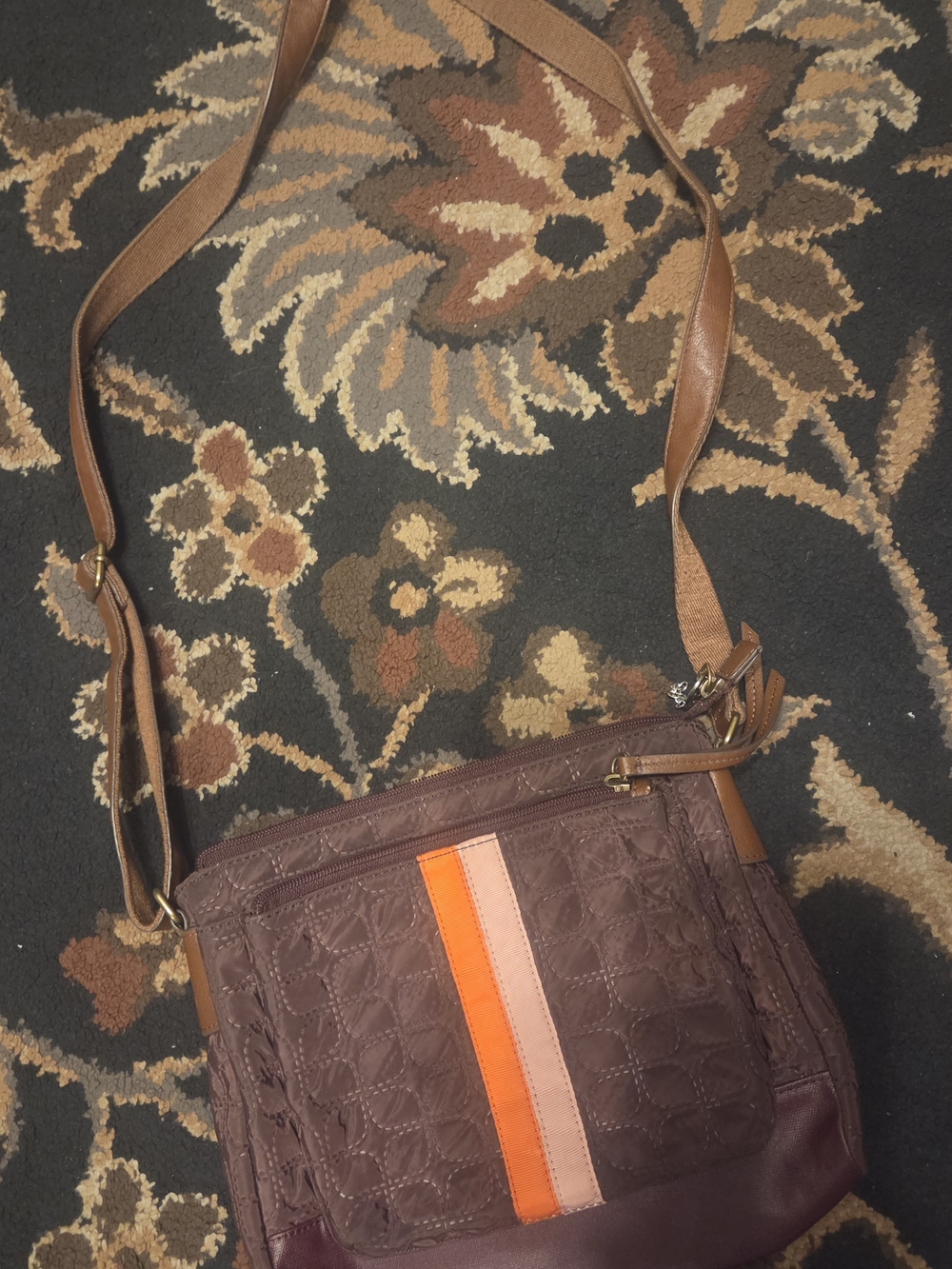 Fossil Brown Crossbody Bag with Orange and Pink Stripe